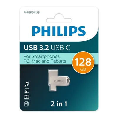 Флешка Philips FM12FD145B/97, 128 ГБ, USB 3.2 Type-A и Type-C, металл