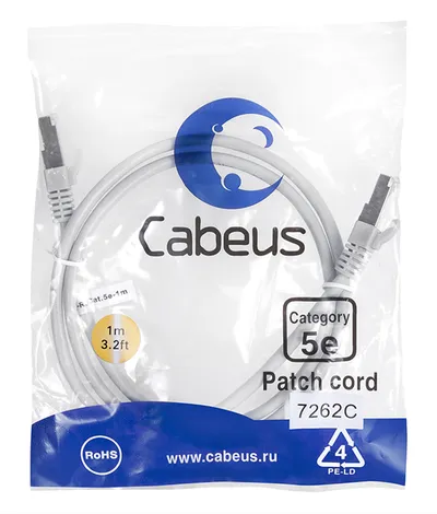Патч-корд Cabeus PC-FTP-RJ45-Cat.5e-1m, F/UTP, Cat.5e, 2×RJ45, 1 м, серый