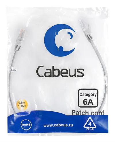 Патч-корд Cabeus PC-UTP-RJ45-Cat.6a-0.5m-LSZH, U/UTP, Cat.6a, 0.5 м, LSZH