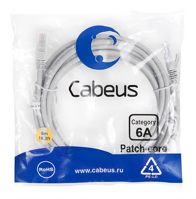 Патч-корд Cabeus PC-UTP-RJ45-Cat.6a-5m-LSZH, кат.6a, 5м, LSZH