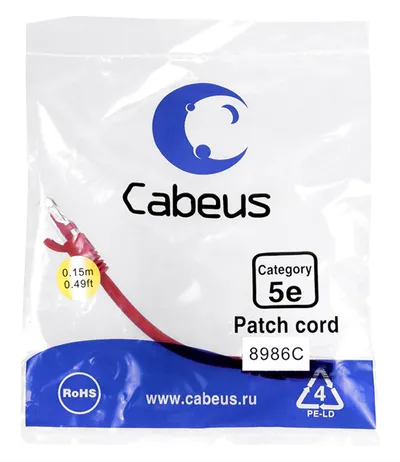 Патч-корд Cabeus PC-UTP-RJ45-Cat.5e-0.15m-RD-LSZH, U/UTP 5e, 2×RJ45, 0.15 м, LSZH