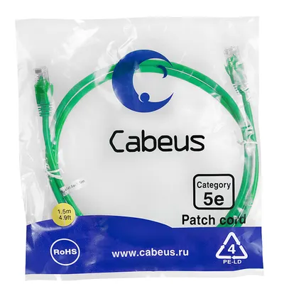 Патч-корд Cabeus PC-UTP-RJ45-Cat.5e-1.5m-GN, U/UTP, Cat.5e, 1.5м, PVC