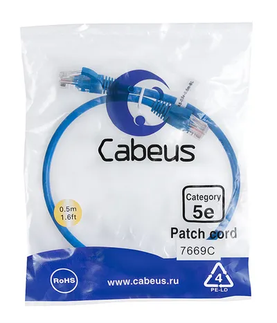 Патч-корд Cabeus PC-UTP-RJ45-Cat.5e-0.5m-BL, кат.5e, 0.5м, синий
