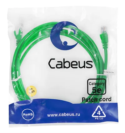 Патч-корд Cabeus PC-UTP-RJ45-Cat.5e-3m-GN, UTP cat.5e, 2×RJ45, 3м, зеленый