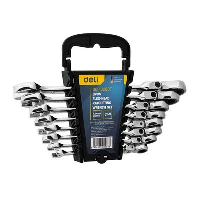 Набор ключей Deli DL140208T, комбинированные шарнирные с трещоткой, 8 шт, 8–19 мм