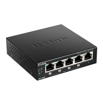 Коммутатор D-Link DES-1005P/B1A, неуправляемый, 5×10/100Base-TX, 4 порта PoE+ 802.3af/at, PoE-бюджет 60 Вт