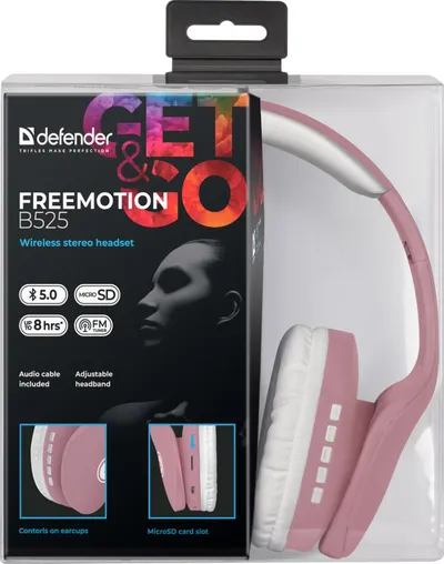 Наушники Defender FreeMotion B525 63528, накладные, Bluetooth+провод, до 8ч, розовый/белый