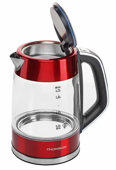 Электрочайник Thomson K20ES-2001, 1.7 л, 2000 Вт, стекло/металл, красный