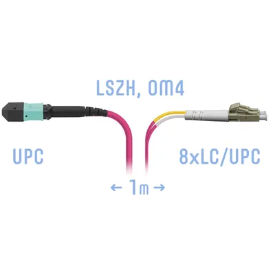 Патчкорд оптический SNR SNR-PC-MPO/UPC-8LC/UPC-DPX-MM4-1m, MPO/UPC-8LC/UPC, MM (OM4), 1 м
