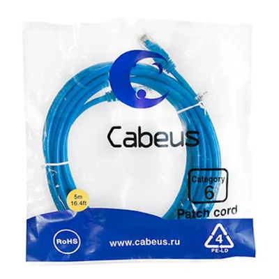 Патч-корд Cabeus PC-UTP-RJ45-Cat.6-5m-BL, U/UTP Cat.6, 2xRJ45, 5 м, синий