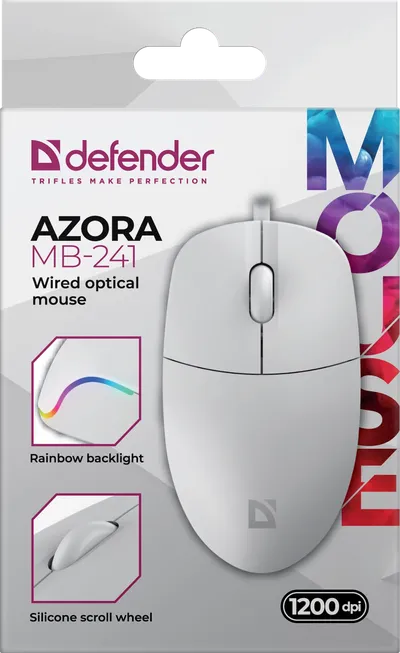 Мышь Defender Azora MB-241, проводная, оптическая, 1200 dpi, USB, белая