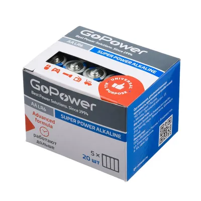 Батарейка GoPower LR6 AA, щелочная (Alkaline), 1.5 В, упаковка 20 шт.