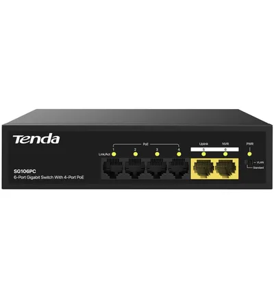 Коммутатор Tenda SG106PC, неуправляемый PoE, 6×1GbE, 4 порта PoE+ до 30 Вт
