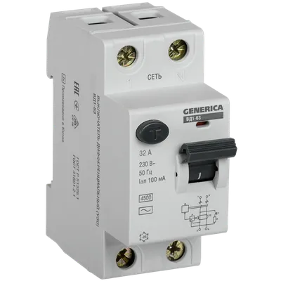 УЗО IEK MDV15-2-032-100 ВД1-63 GENERICA, 2п, 32 А, 100 мА, тип AC