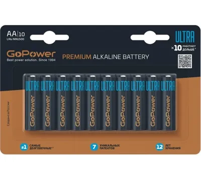 Батарейка GoPower 00-00026395, AA (LR6), щелочная, 1.5 В, 10 шт