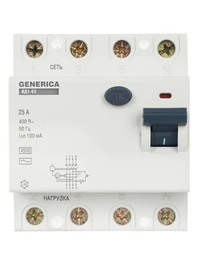 УЗО IEK ВД1-63 (MDV15-4-025-100), 4P, 25 А, 100 мА, тип AC, 400 В