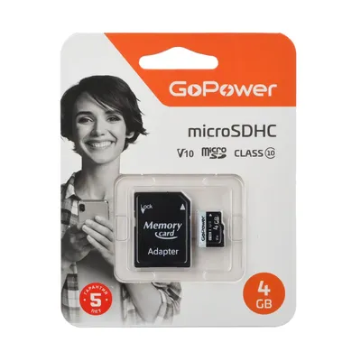 Карта памяти GoPower 00-00025672 microSDHC 4 ГБ, Class 10, V10, с адаптером