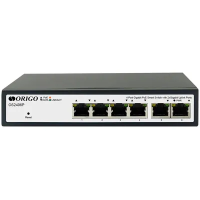 Коммутатор ORIGO OS2406P/60W/A1A, 4×1GbE PoE+, 2×1GbE, PoE 60 Вт, L2