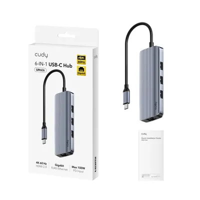 Док-станция Cudy UH606, USB-C 6 в 1, HDMI 4K@60Hz, Gigabit Ethernet, 3×USB-A