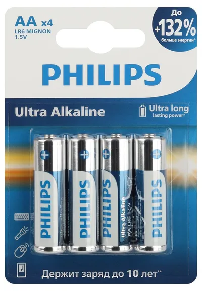 Батарея Philips LR6E4B/51, AA, алкалиновая, 1,5 В, блистер 4 шт.