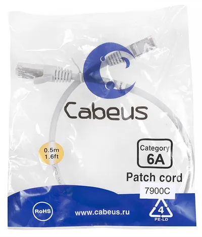Патч-корд Cabeus PC-SSTP-RJ45-Cat.6a-0.5m-LSZH, S/FTP, Cat.6a, 0.5м, LSZH