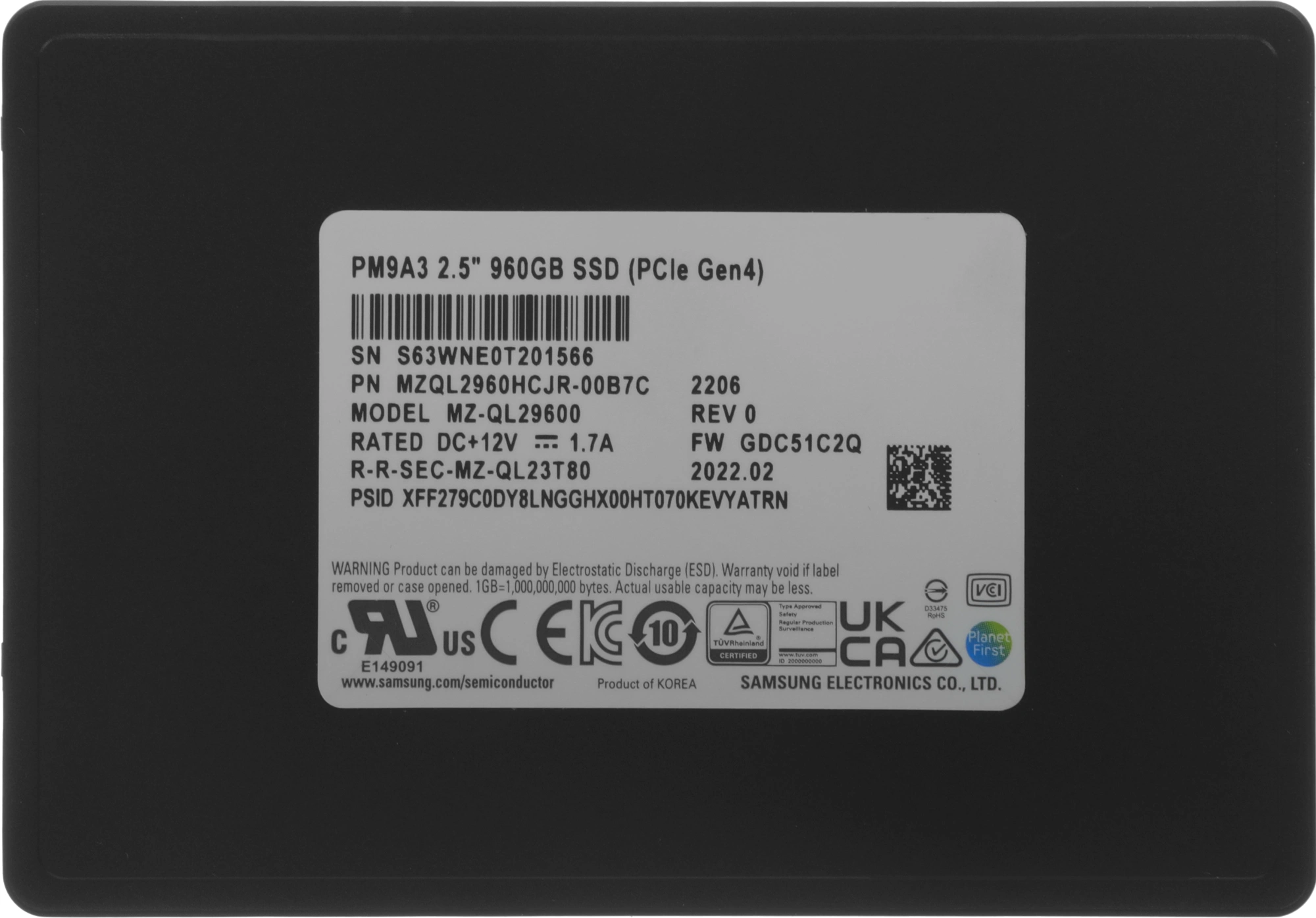 Накопитель SSD Samsung PCIe 4.0 x4 960GB MZQL2960HCJR-00B7C PM9A3 1 DWPD