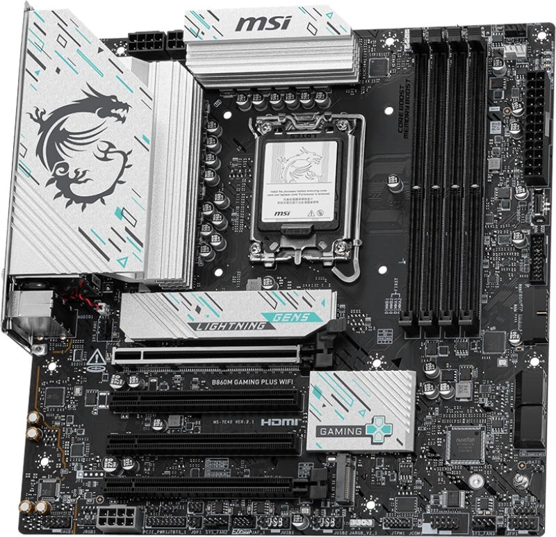 Материнская плата MSI B860M GAMING PLUS WIFI Soc-1851 Intel B860 4xDDR5 mATX AC`97 8ch(7.1) 5Gigabit RAID+HDMI+DP