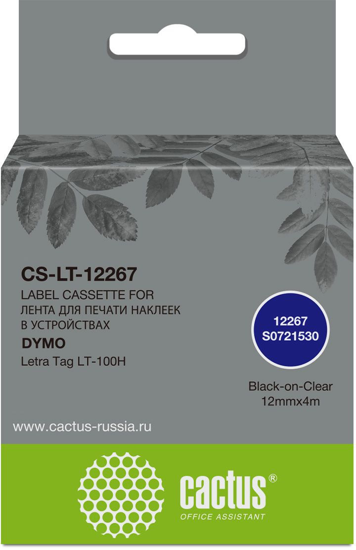 Картридж ленточный Cactus CS-LT-12267 12267 черный на прозрачном 12x4 для Dymo Letra Tag LT-100H