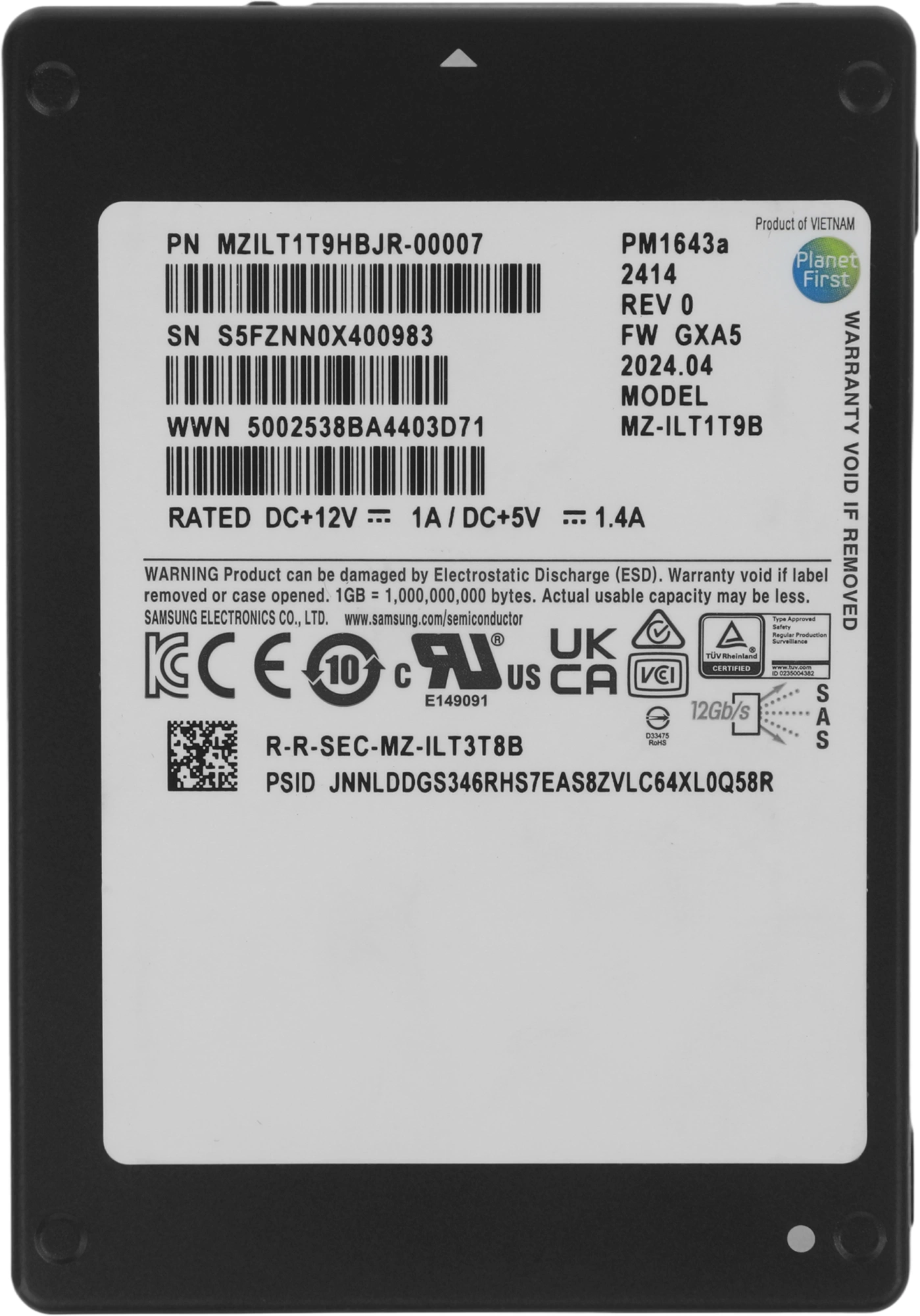 Накопитель SSD Samsung SAS 3.0 1920GB MZILT1T9HBJR-00007 PM1643a 1 DWPD