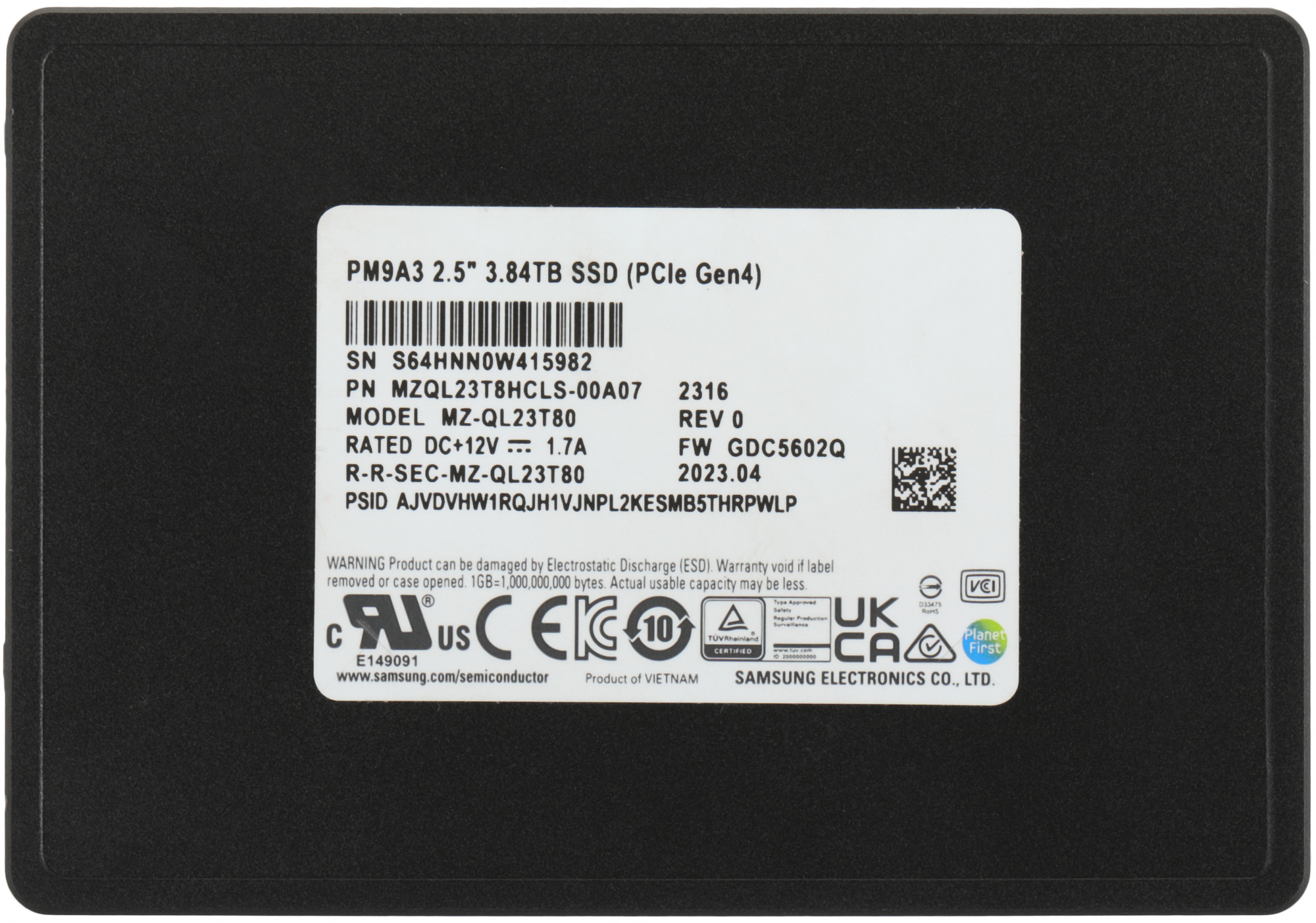 Накопитель SSD Samsung PCIe 4.0 x4 3.84TB MZQL23T8HCLS-00A07 PM9A3 1 DWPD OEM