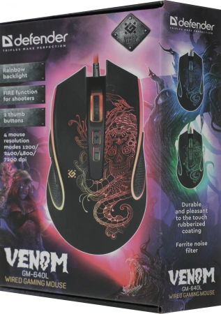Мышь Defender Venom GM-640L черный оптическая 7200dpi USB 7but (52640)
