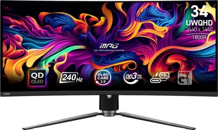 Монитор MSI 34" MPG 341CQPX черный QD OLED LED 21:9 HDMI полуматовая HAS Piv 250cd 178гр/178гр 3440x1440 240Hz DP UW USB 8.9кг