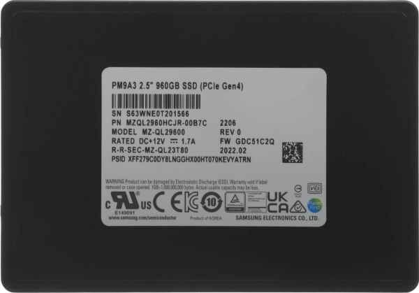 Накопитель SSD Samsung PCIe 4.0 x4 960GB MZQL2960HCJR-00B7C PM9A3 1 DWPD