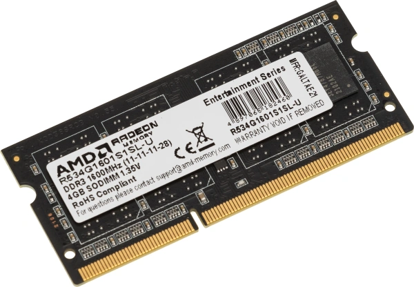 Память DDR3 4Gb 1600MHz AMD R534G1601S1SL-U R5 RTL PC3-12800 CL11 SO-DIMM 204-pin 1.35В Ret