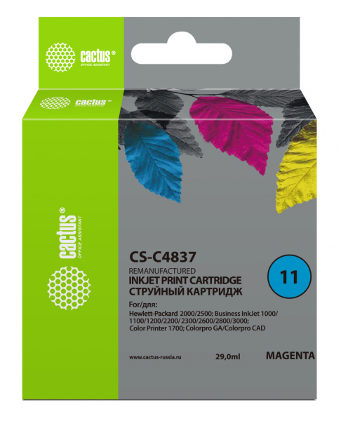 Картридж струйный Cactus CS-C4837 №11 пурпурный (29мл) для HP BIJ 1000/1100/1200/2200/2300/2600 с чипом