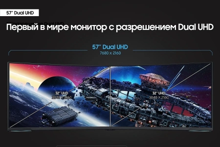 Монитор Samsung 57" Odyssey Neo G9 S57CG952NI черный VA LED 32:9 HDMI полуматовая HAS Piv 2500:1 420cd 178гр/178гр 7680x2160 240Hz FreeSync Premium Pro DP Dual UHD USB 19кг