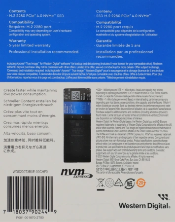 Накопитель SSD WD S PCIe 4.0 x4 2TB WDS200T3B0E Blue SN580 M.2 2280