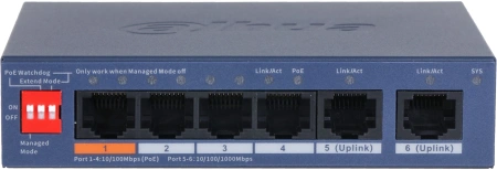 Коммутатор Dahua DH-CS4006-4ET2GT-60 (L2) 4x100Мбит/с 2x1Гбит/с 2xКомбо(1000BASE-T/SFP) 4PoE 60W управляемый