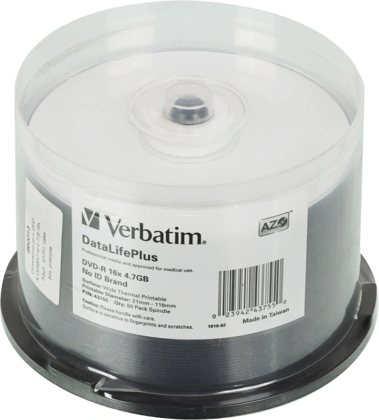 Диск DVD-R Verbatim 4.7Gb 16x Cake Box (50шт) Printable (43755)