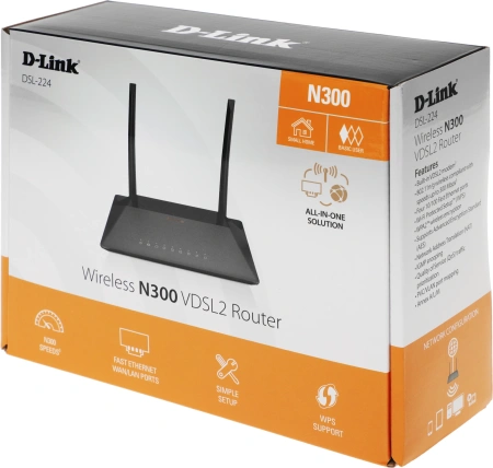 Роутер беспроводной D-Link DSL-224 N300 10/100BASE-TX черный