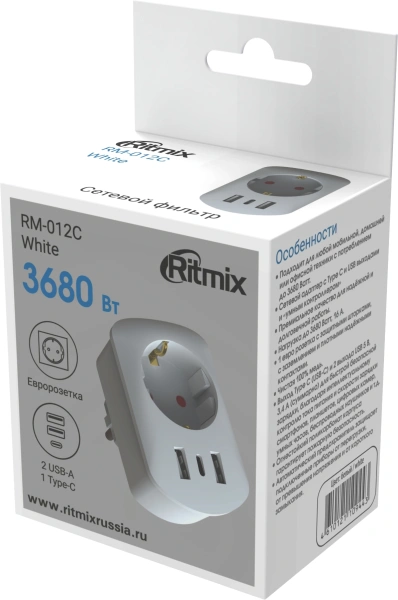 Сетевой фильтр Ritmix RM-012C (1 розетка) белый (коробка)