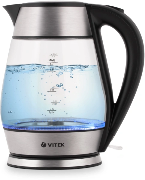 Чайник электрический Vitek VT-7037 1.7л. 2200Вт прозрачный/черный корпус: стекло/металл/пластик