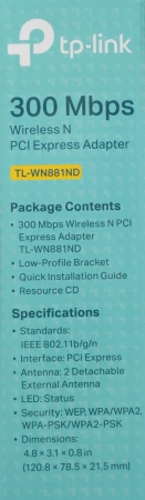 Сетевой адаптер Wi-Fi TP-Link TL-WN881ND N300 PCI Express (ант.внеш.съем) 2ант.