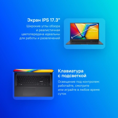 Ноутбук Asus VivoBook 17X M3704YA-AU052 Ryzen 7 7730U 16Gb SSD512Gb AMD Radeon Graphics 17.3" IPS FHD (1920x1080) без ОС black WiFi BT Cam (90NB1192-M00200)