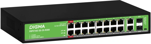 Коммутатор Digma DSP216G-2G-2S-R300 (L2) 18x1Гбит/с 2SFP 16PoE 16PoE+ 2PoE++ 300W неуправляемый