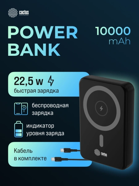 Мобильный аккумулятор Cactus CS-PBFSUA-10000 10000mAh 22.5W 4.5A USB-C беспров.зар. черный