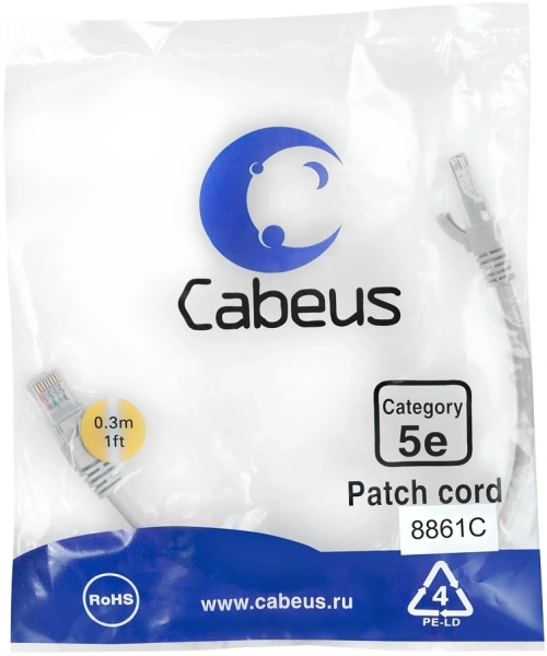 Патч-корд Cabeus PC-UTP-RJ45-CAT.5E-0.3M-LSZH U/UTP RJ-45 вил.-вилка RJ-45 кат.5E 0.3м серый LSZH