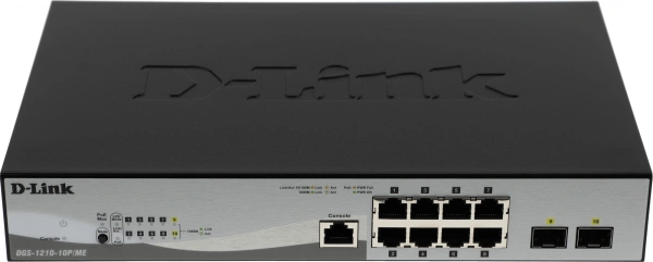 Коммутатор D-Link DGS-1210-10P/ME/B1A 8x1Гбит/с 2SFP 8PoE управляемый
