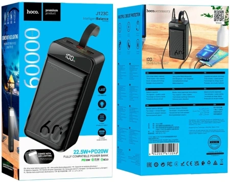 Мобильный аккумулятор Hoco J123C Element 60000mAh QC3.0/PD3.0 22.5W 5A 3xUSB-A/USB-C черный (12098)