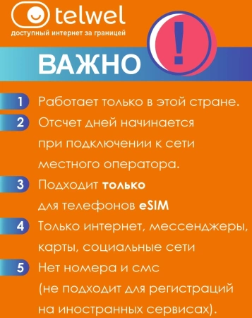 Карта eSIM Telwel Travel пакет Малайзия 3Гб 30 дней